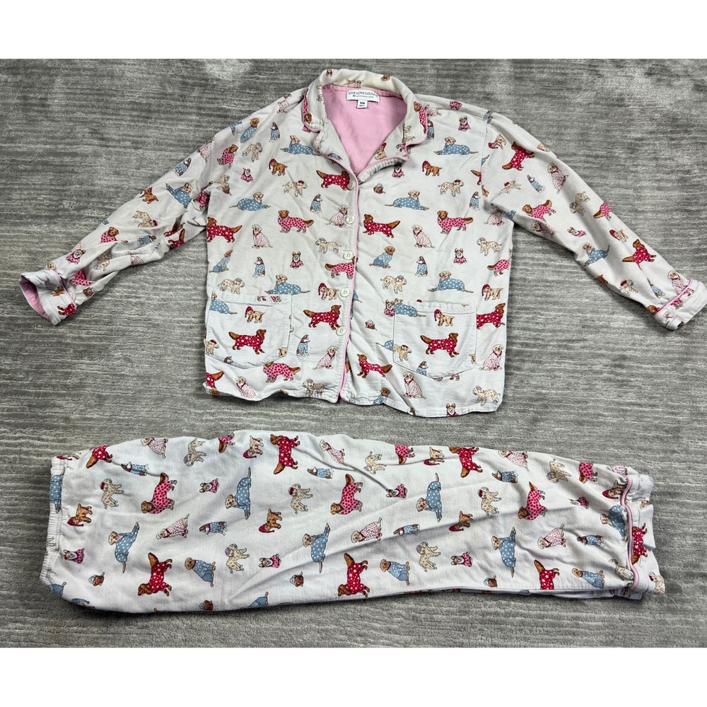 Live Love Lounge Pajama Set Womens M Gray Dog Print Karen Neuburger Button Front